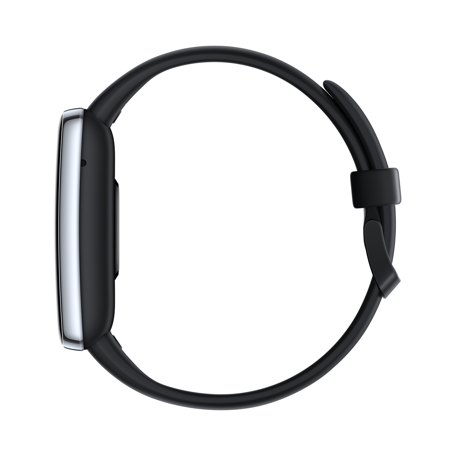 Smartwatch negra con correa negra, vista lateral. Diseño elegante y moderno.