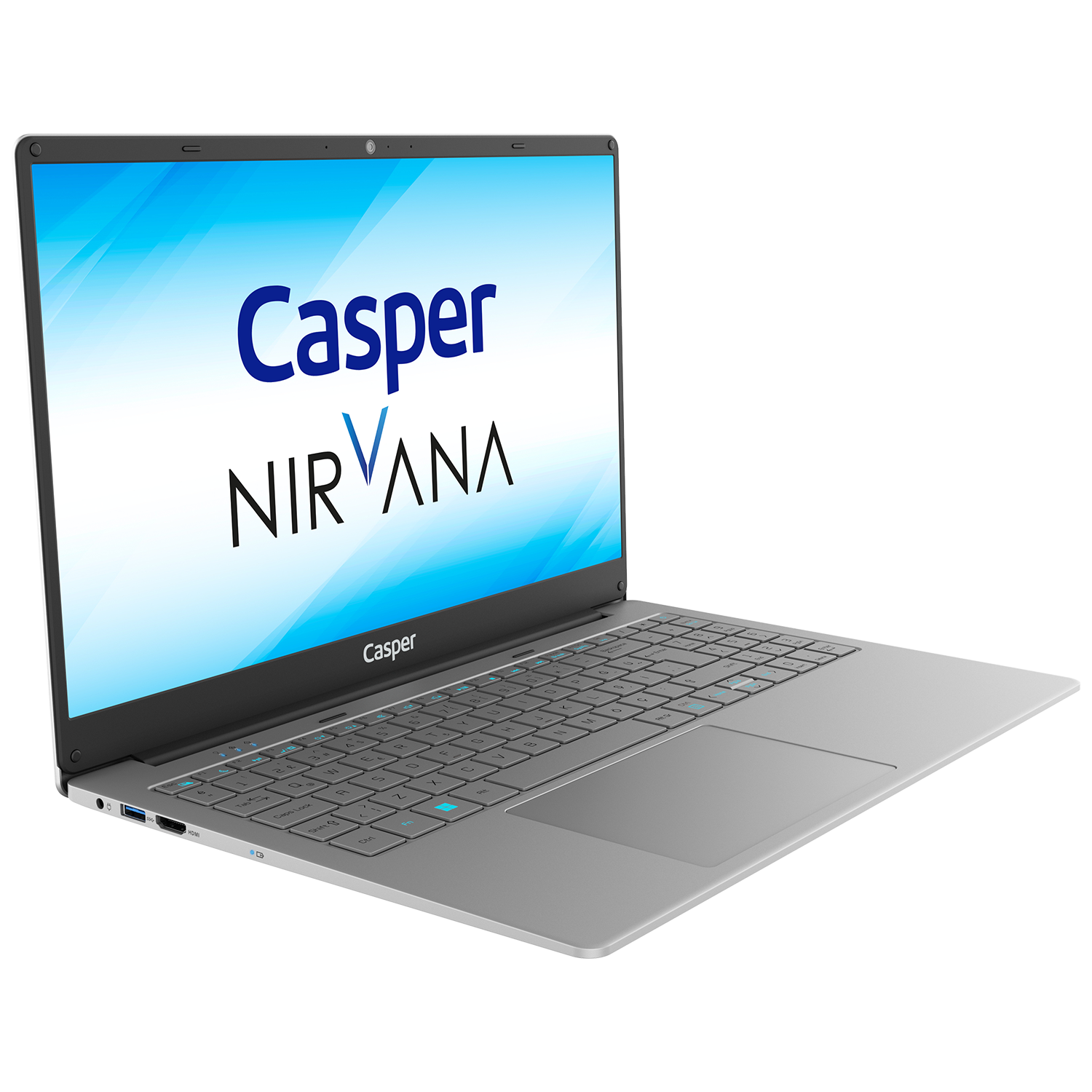 Ekranında 'Casper NIRVANA' yazan gümüş renkli bir dizüstü bilgisayar.