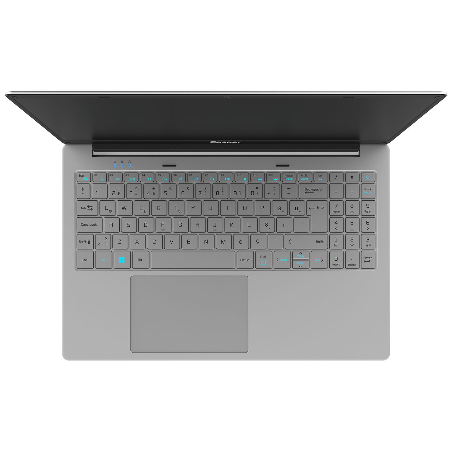 Açık laptop klavyesi. Gümüş gövde, gri tuşlar ve dokunmatik yüzey görünür.