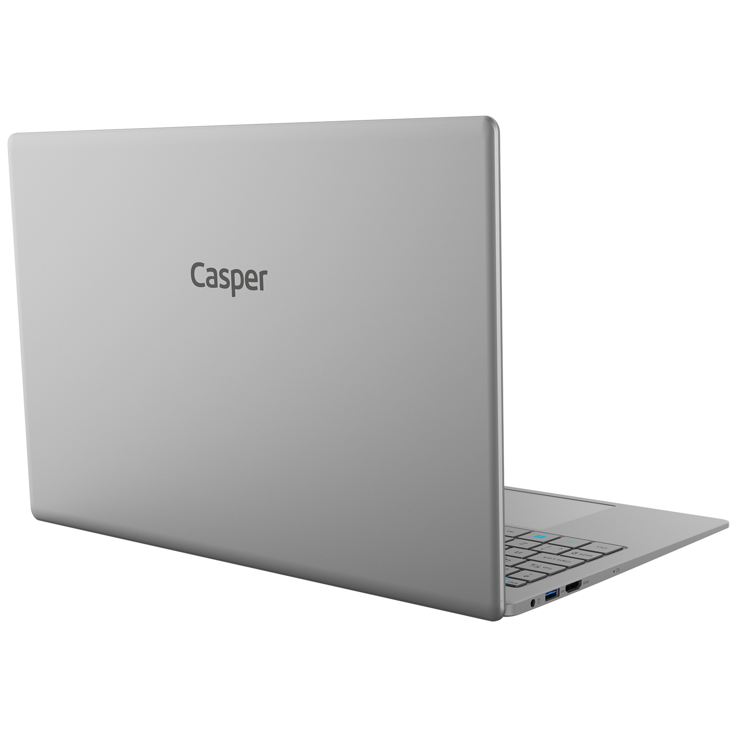 Gri dizüstü bilgisayar, arka görünüm. Casper logosu görünür. Açılı görünüm, siyah arka plan.