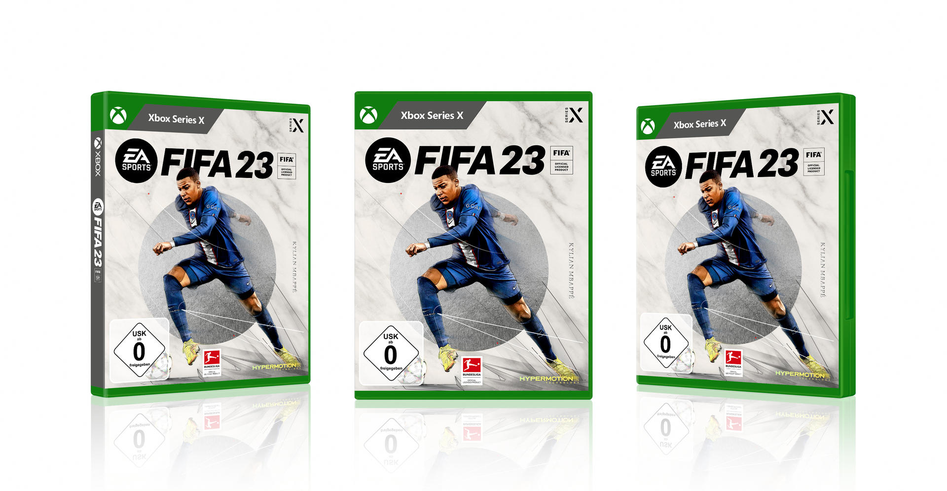 Drei identische FIFA 23 Videospielboxen. Jede Box zeigt einen Fußballspieler und einen grünen Hintergrund.