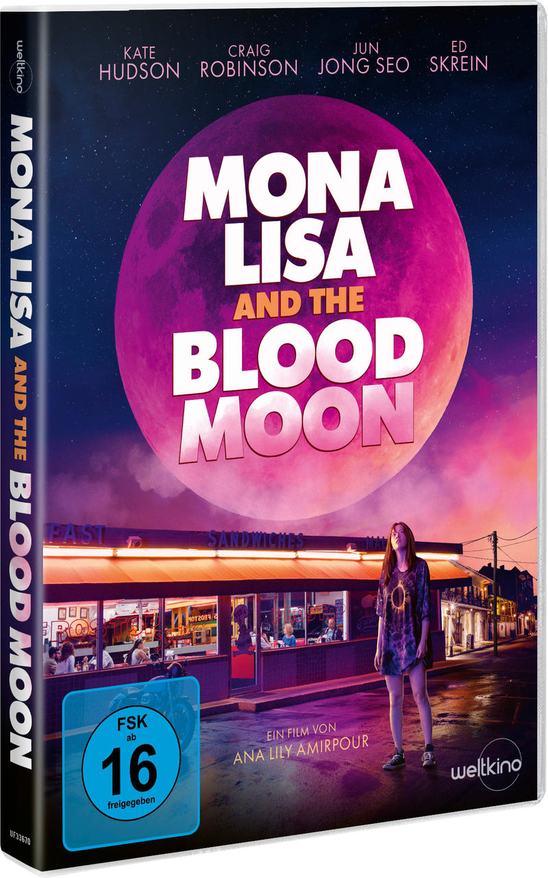 DVD-Hülle für „Mona Lisa and the Blood Moon“. Frau steht vor einem Diner unter einem großen rosa Mond.