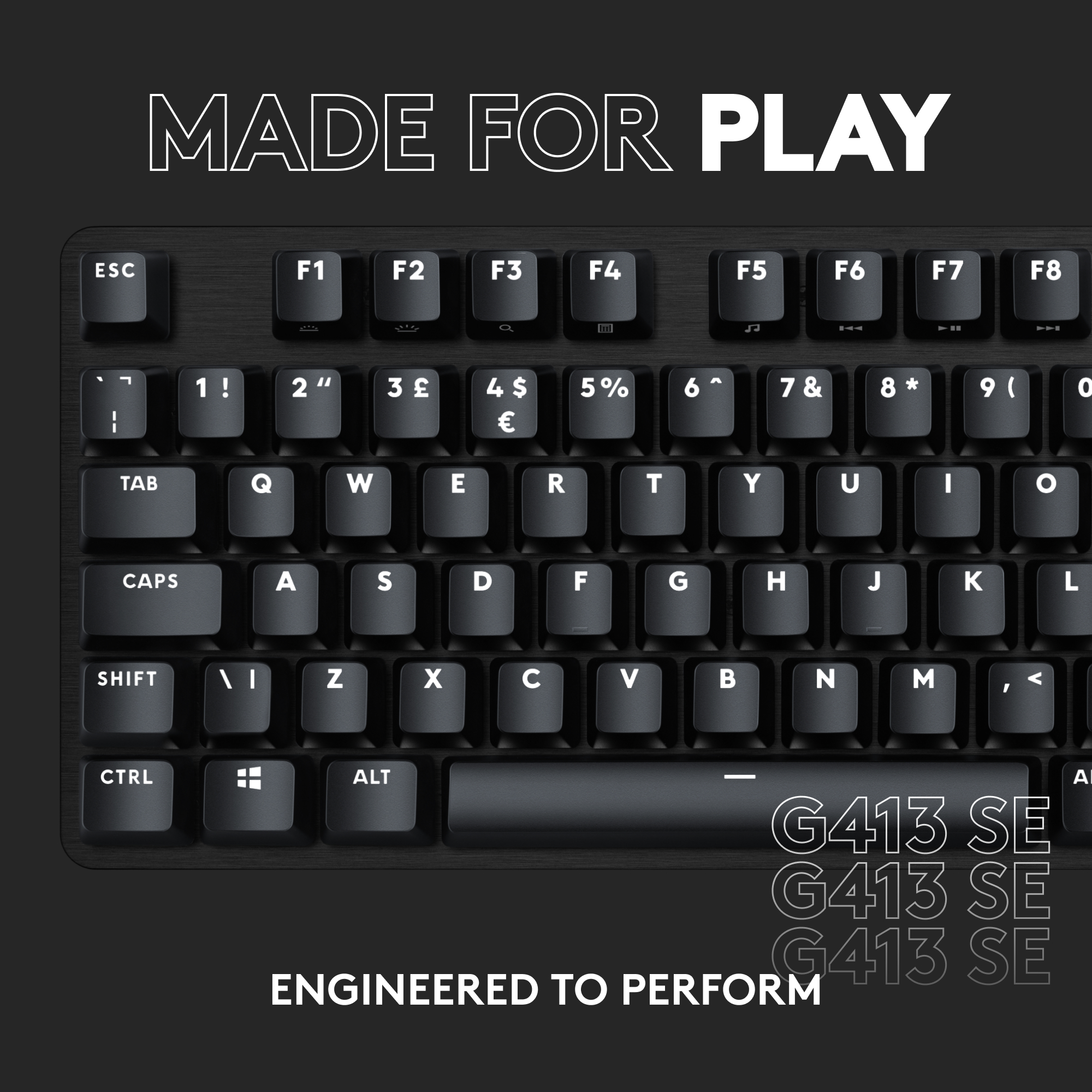 Clavier de jeu noir avec lettres et symboles blancs, sur fond sombre.