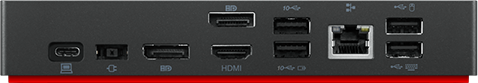 Nahaufnahme der Rückseite eines schwarzen Geräts mit verschiedenen Anschlüssen: USB, HDMI und Ethernet.