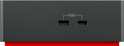 Nahaufnahme eines schwarzen Geräts mit zwei USB-C-Anschlüssen und einem roten Streifen.