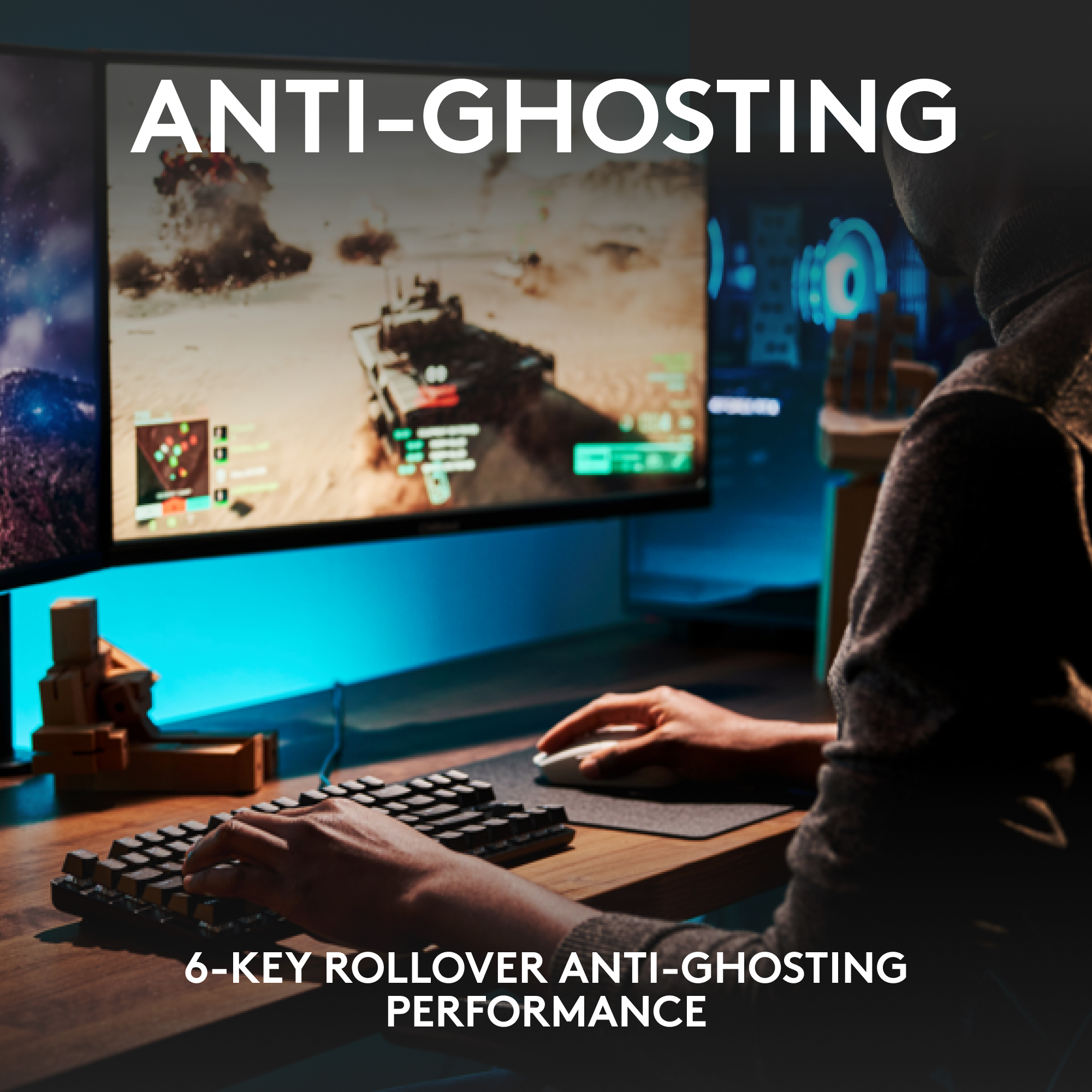 Eine Person benutzt eine Tastatur und eine Maus. Text sagt Anti-Ghosting und 6-Key-Rollover-Leistung.