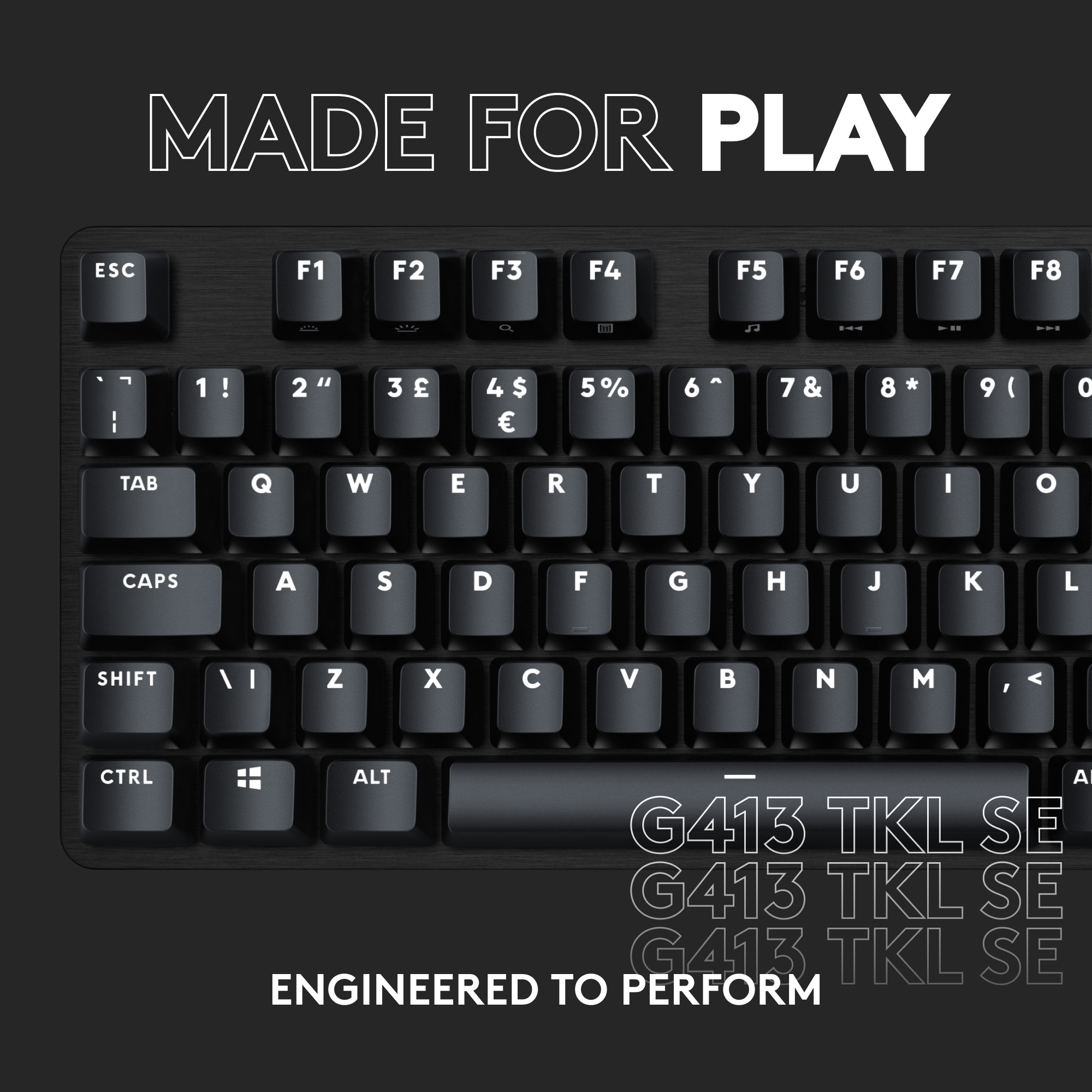 Schwarze Tastatur mit weißen Buchstaben und Zahlen, sowie den Worten 'MADE FOR PLAY' und 'ENGINEERED TO PERFORM'.