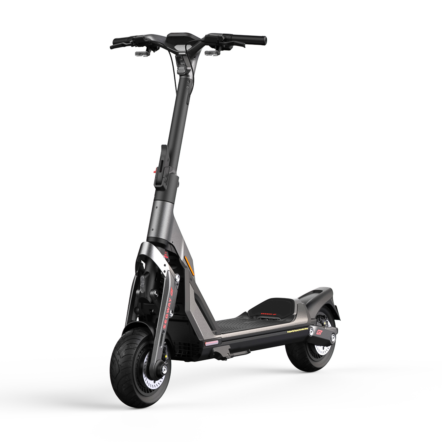 Scooter elettrico su sfondo bianco. È principalmente grigio e nero. La ruota anteriore è visibile.