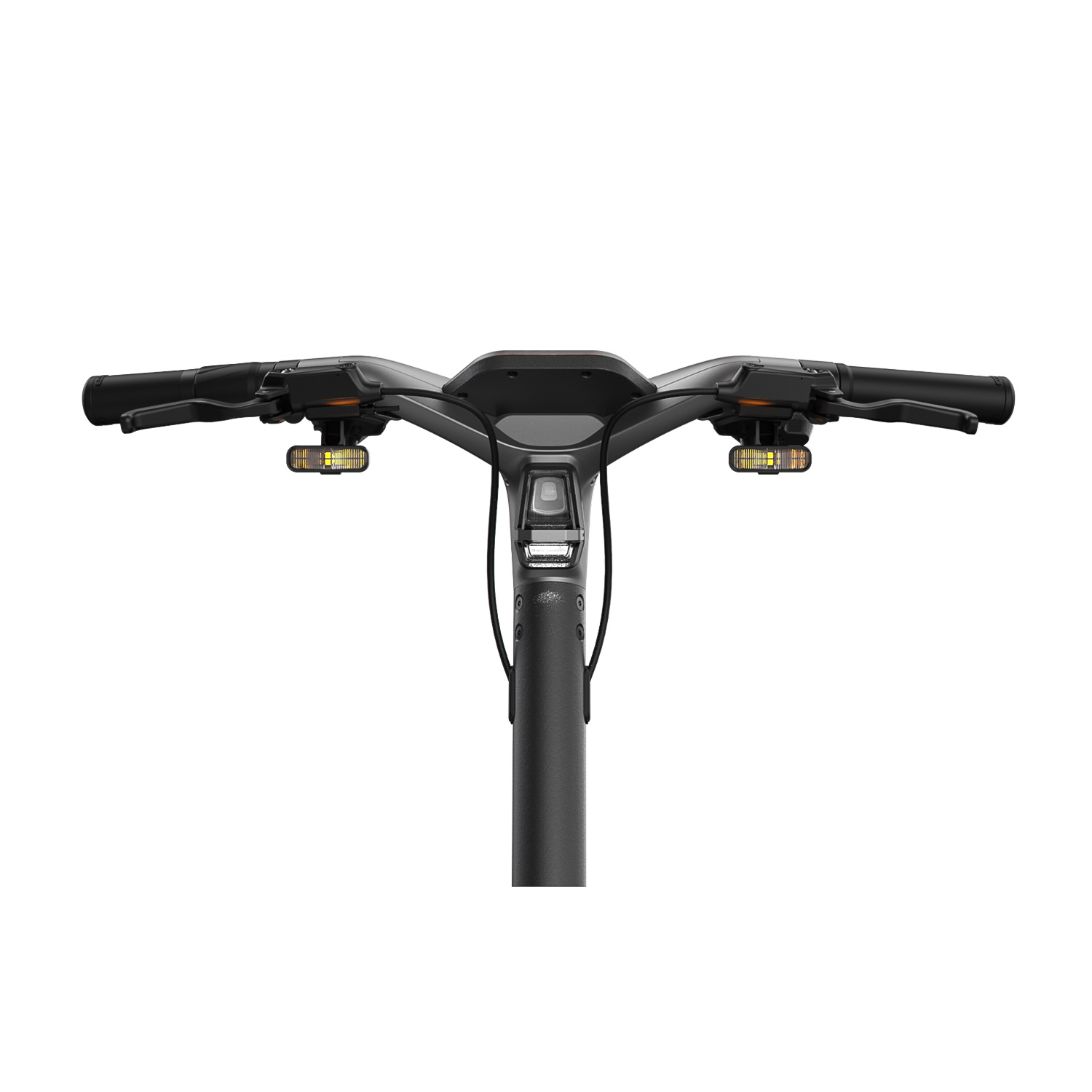 Manubrio dello scooter con comandi. Luci e display visibili. Colore nero.