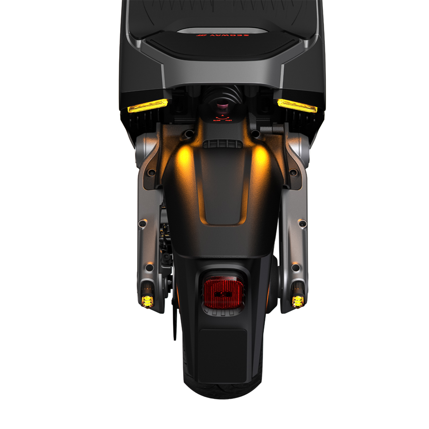 Vista posteriore di uno scooter Segway. Include luci e varie parti meccaniche.
