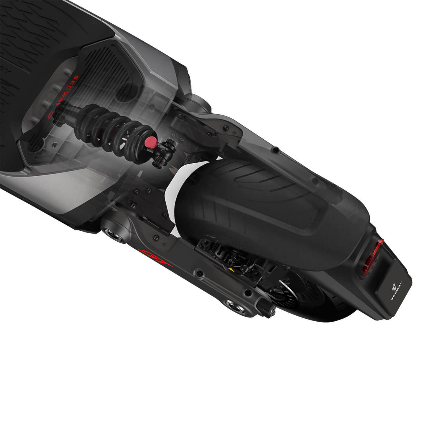Vista a sezione di uno scooter Segway nero e grigio che mostra i componenti interni.
