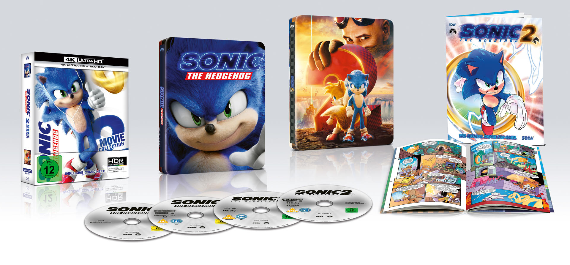 Mehrere Sonic the Hedgehog Blu-ray-Filmcover, Discs und ein Comic.