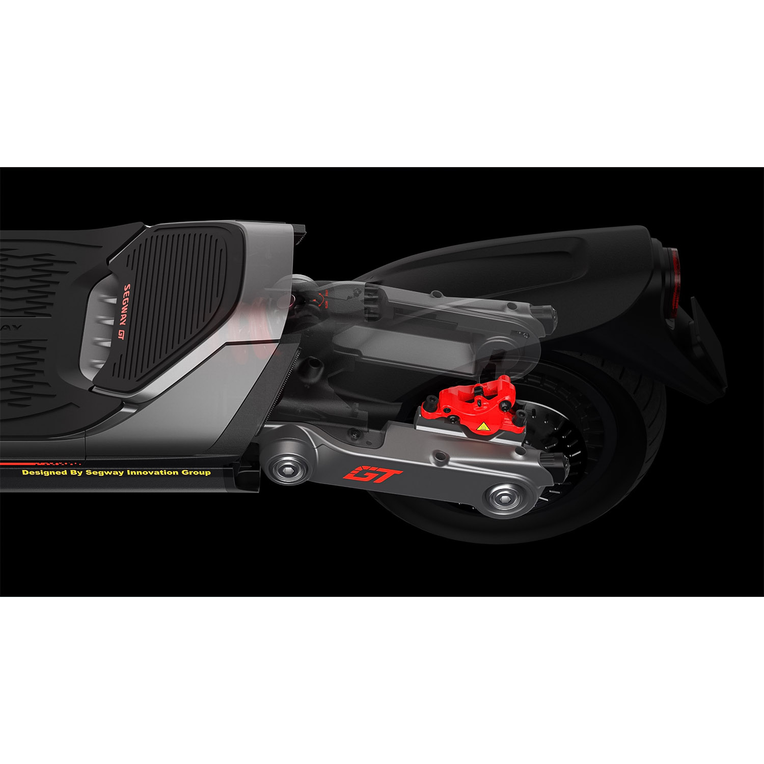 Vista segmentata della parte posteriore di uno scooter Segway GT. Componente del freno rosso visibile. Sfondo nero.