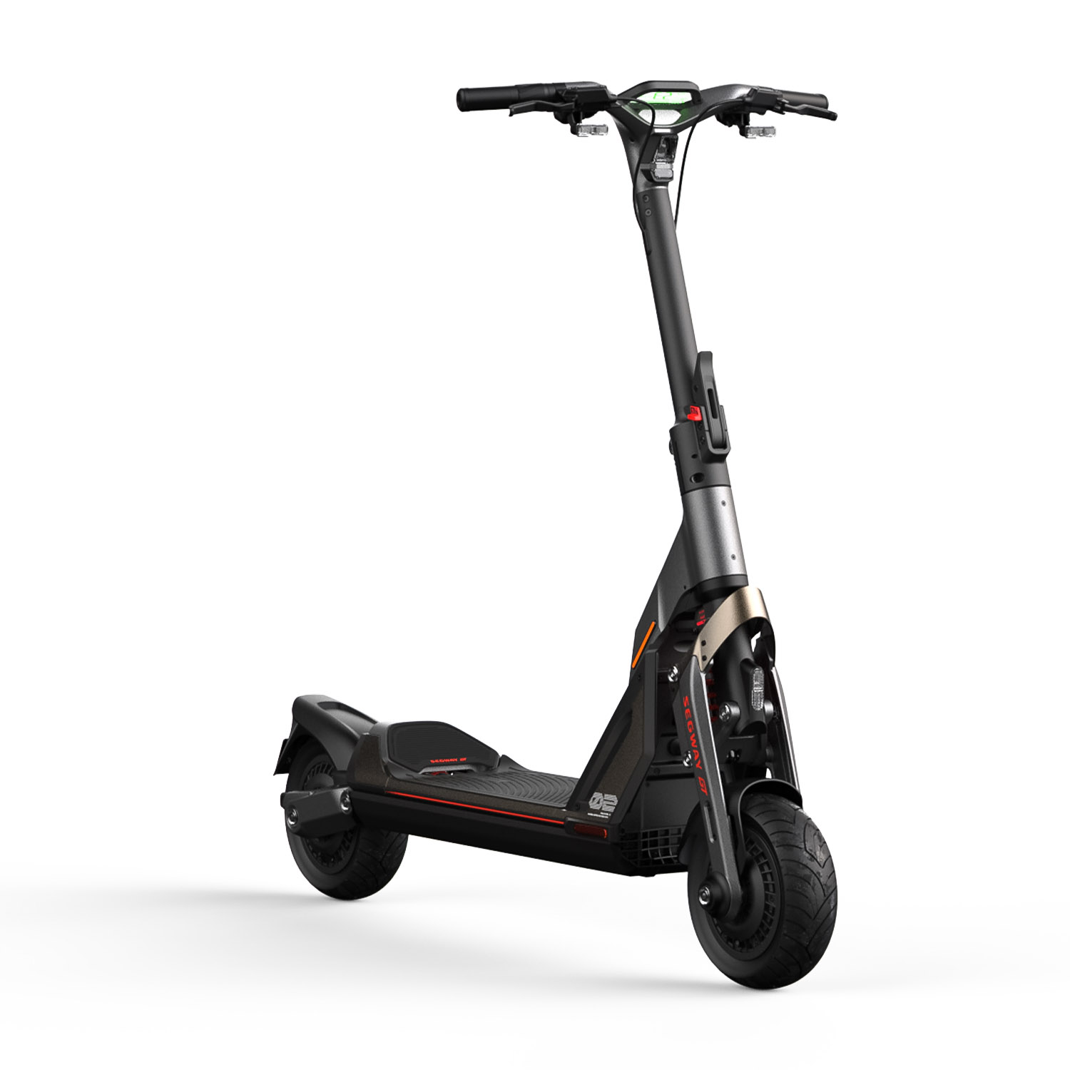 Scooter elettrico nero e grigio su sfondo bianco, con dettaglio rosso.