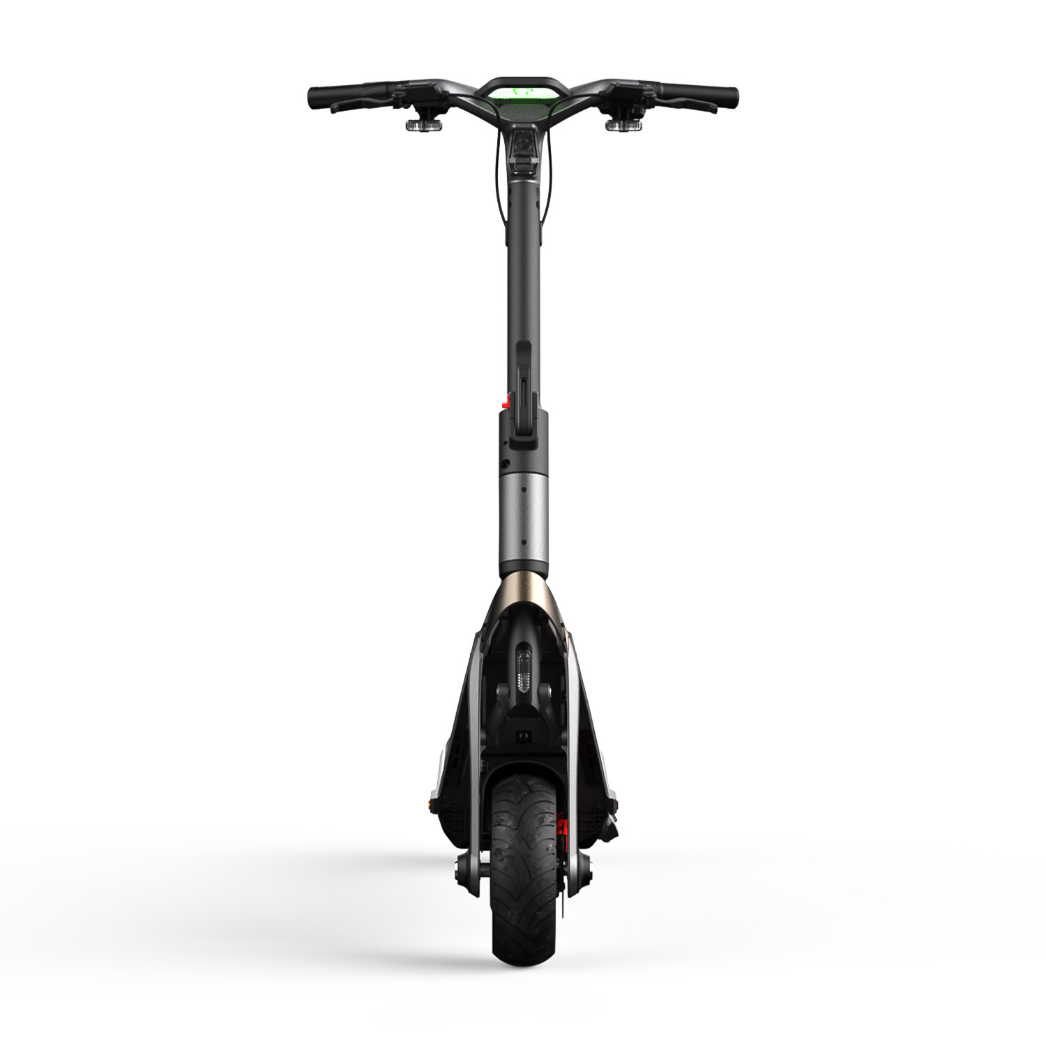 Scooter elettrico nero, vista frontale, con manubrio, display e un'unica ruota.