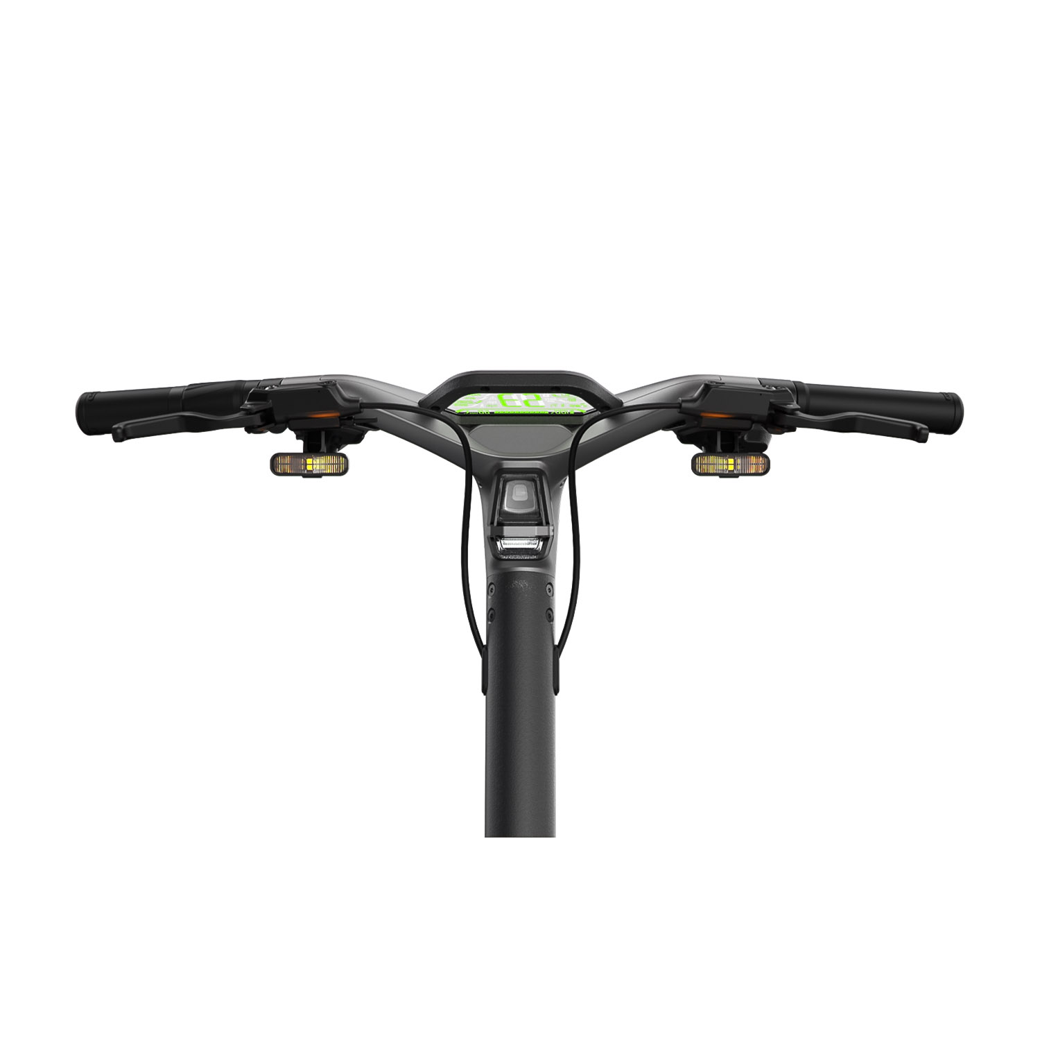 Manubrio dello scooter con display, luci e manopole, vista dall'alto.