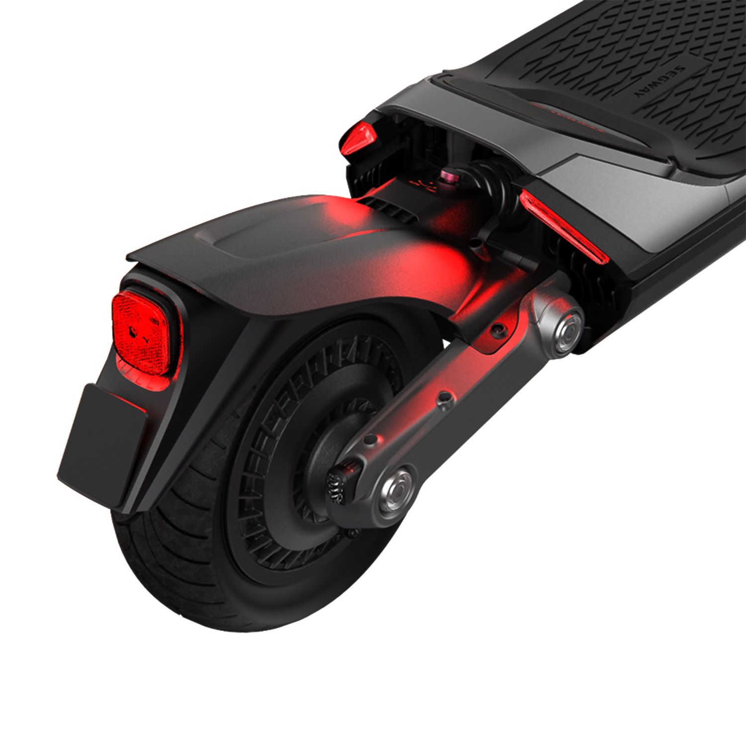 Retro scooter elettrico nero con luci rosse. Pneumatico, parafango e sospensione visibili.