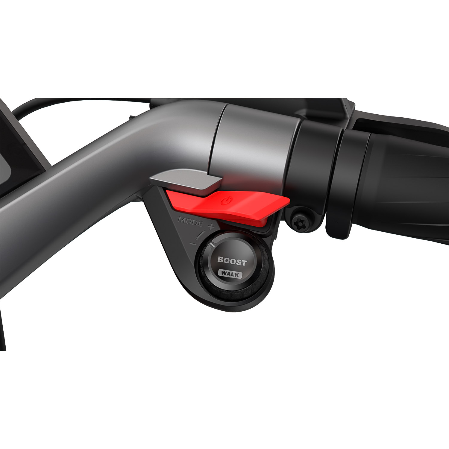 Primo piano del manubrio di un e-scooter, con un pulsante boost rosso e un quadrante nero con le etichette 'BOOST' e 'WALK'.