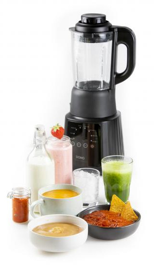 A blender with various ingredients. Milk, juice, and dips with tortilla chips. White background.