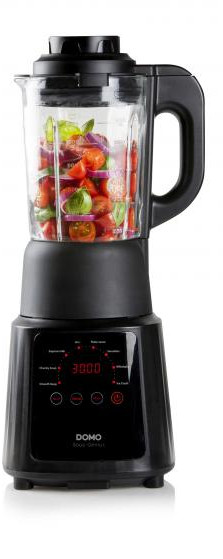 A black blender with vegetables inside. The blender has a digital display and control buttons.