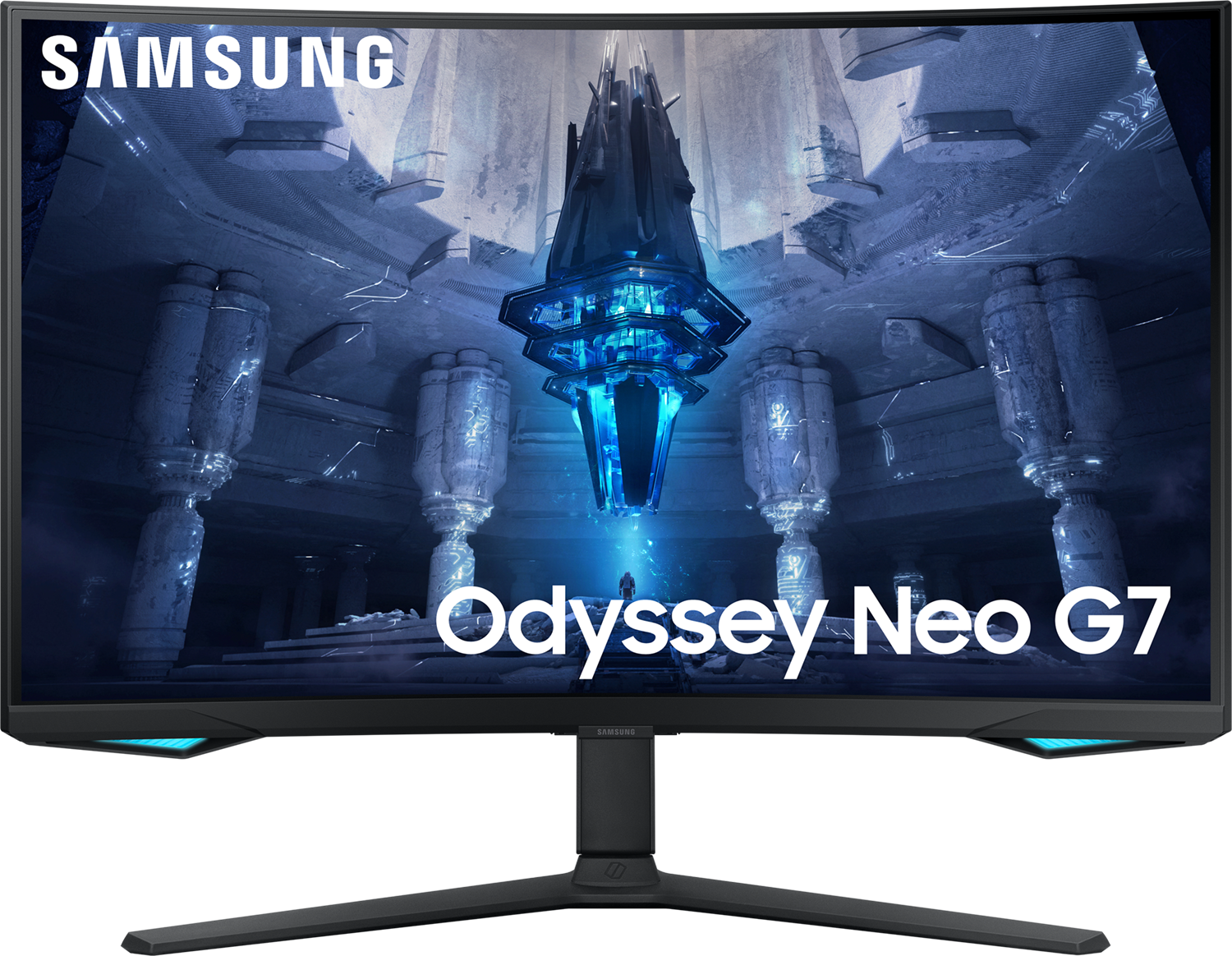Gebogen Samsung Odyssey Neo G7 monitor, met een futuristische game-scene op het scherm.