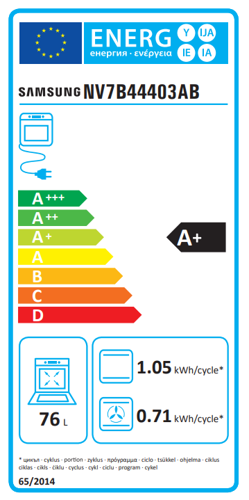 Egy Samsung sütő energia címkéje, amely információkat mutat az energiahatékonyságról.