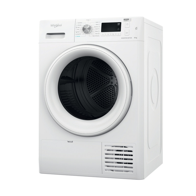 Fehér Whirlpool szárítógép fehér háttéren, tiszta kilátással.