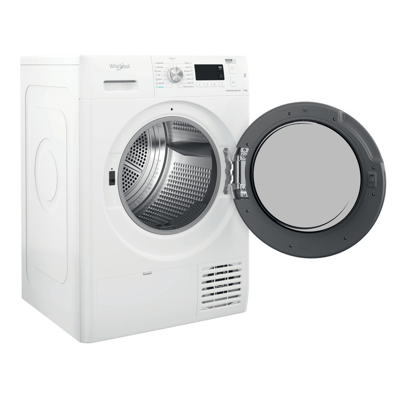 Fehér Whirlpool szárítógép nyitott ajtóval, belső nézet. Gombok és kijelző az előlapon.