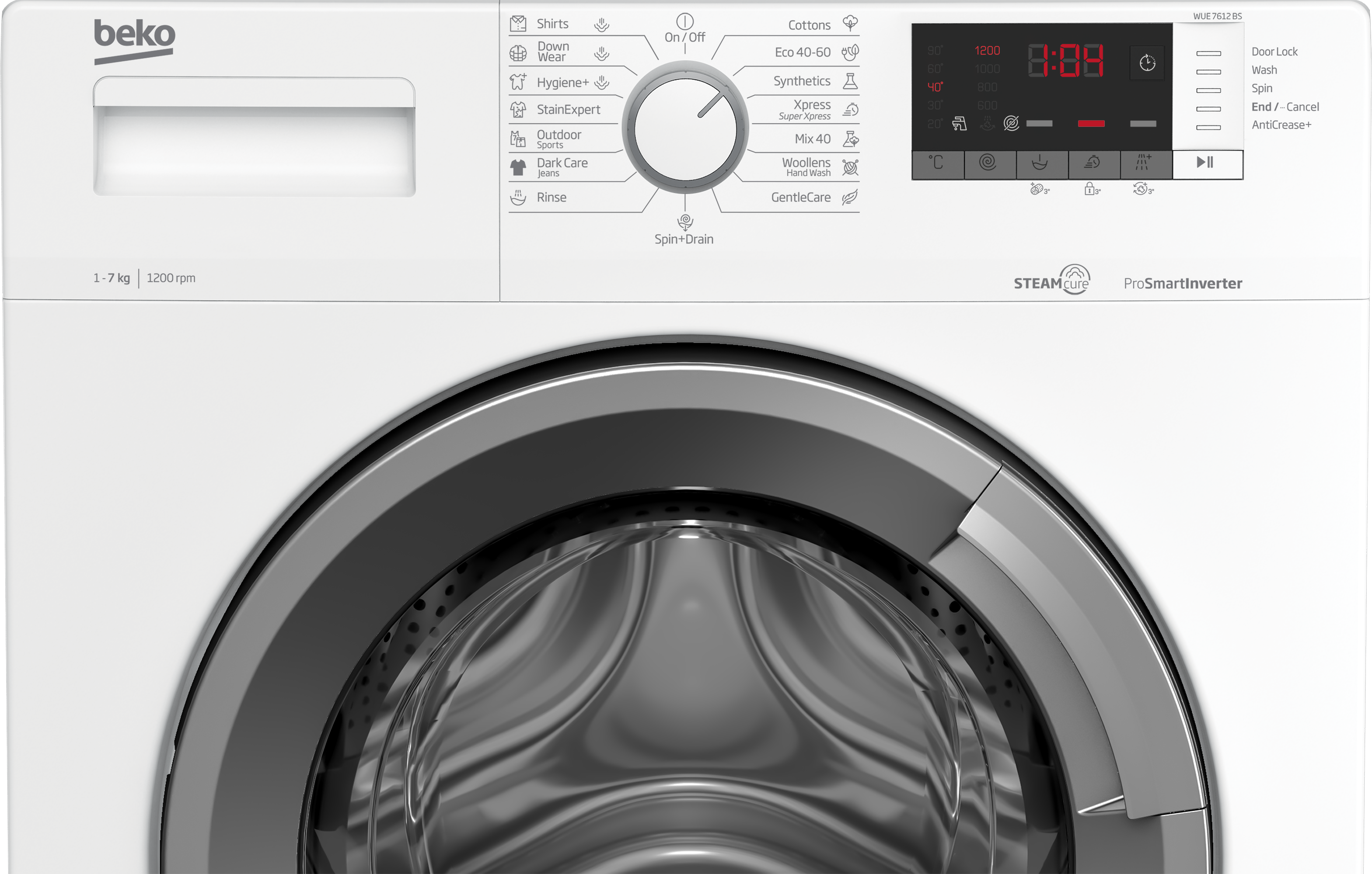 Egy fehér Beko mosógép vezérlőpanel. Van rajta egy tárcsa és egy digitális kijelző.
