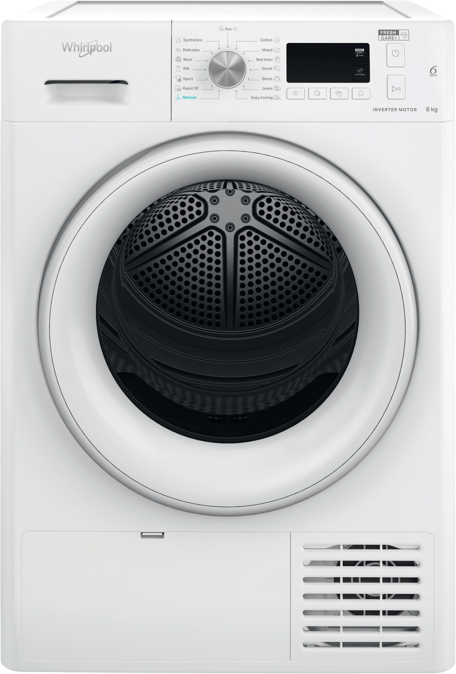 Fehér Whirlpool mosógép fekete ajtóval és vezérlőpanellel.
