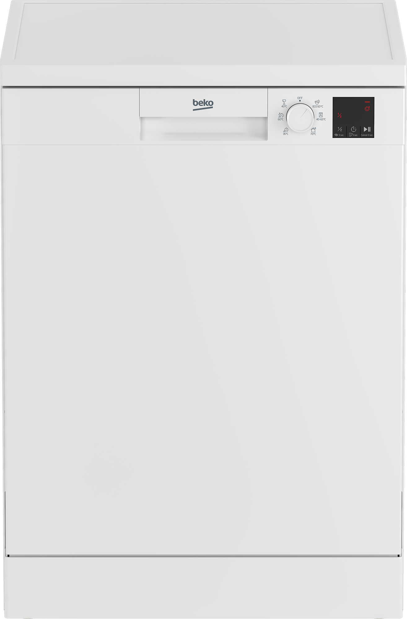 Fehér mosogatógép vezérlőpanellel, gombokkal és Beko logóval.