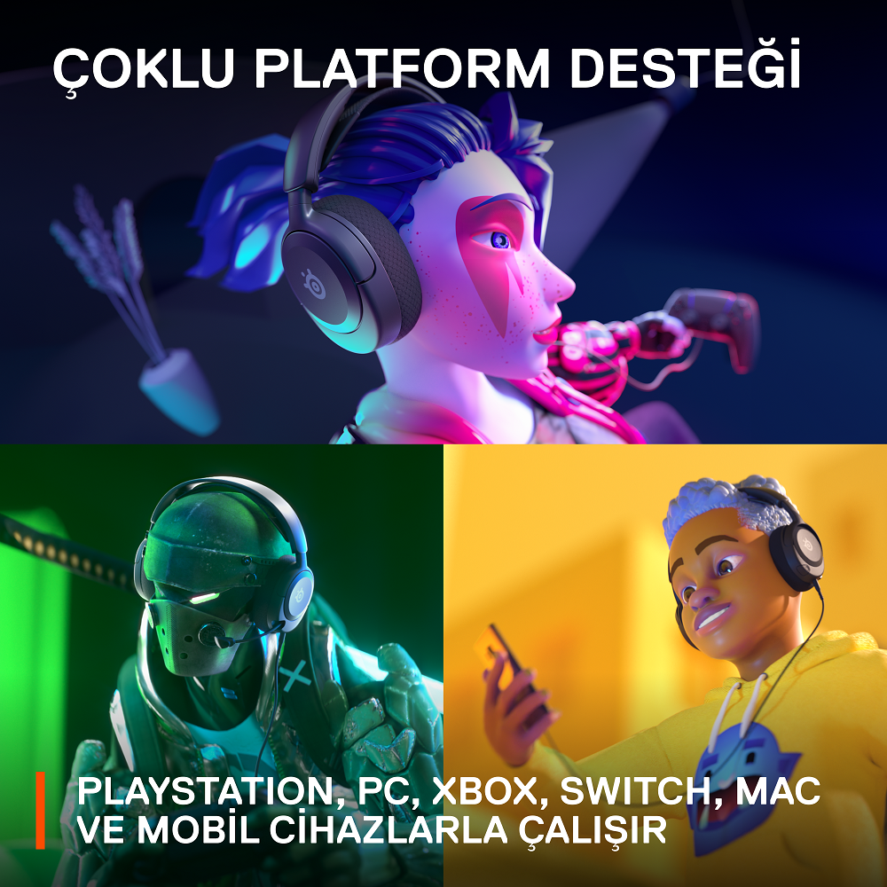 Kulaklık takan animasyonlu karakterlerin yer aldığı bir grafik. Metin şunları söylüyor: Çoklu platform desteği.