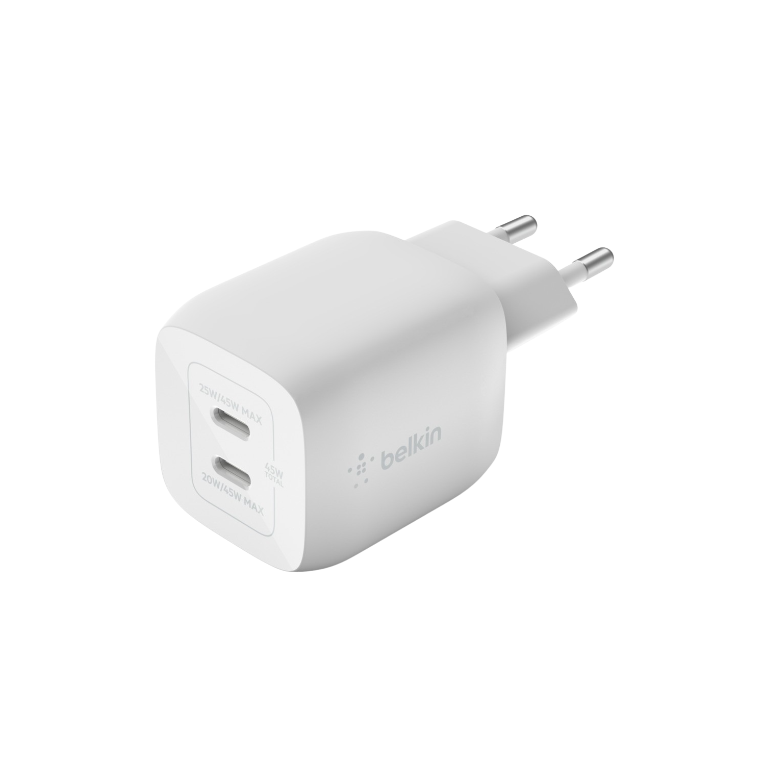 White Belkin charger with two ports. 25W/45W max and 20W/45W max labels.