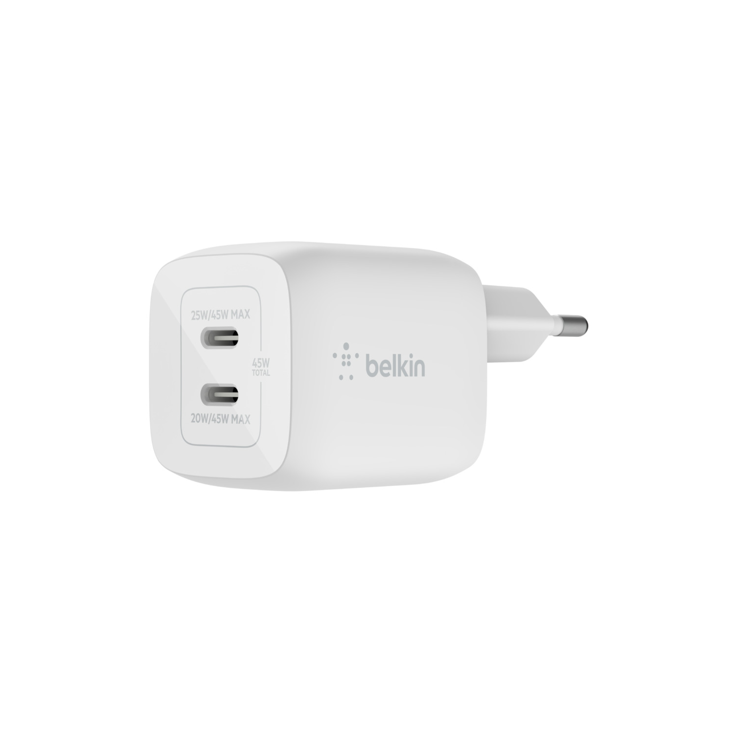 White Belkin charger with two ports. It has 'Belkin' logo and power output markings.
