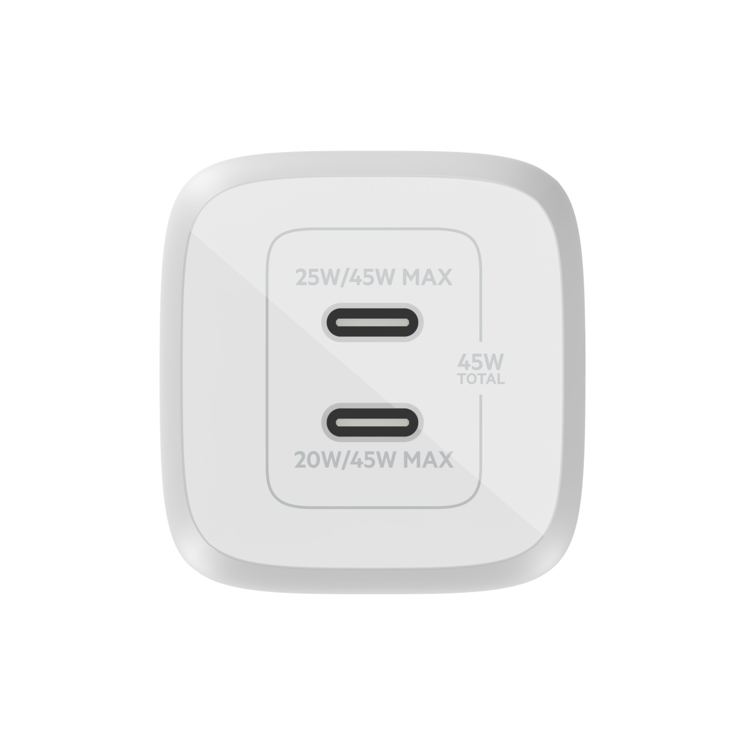 White charger with two USB-C ports, labeled 25W/45W MAX and 20W/45W MAX.