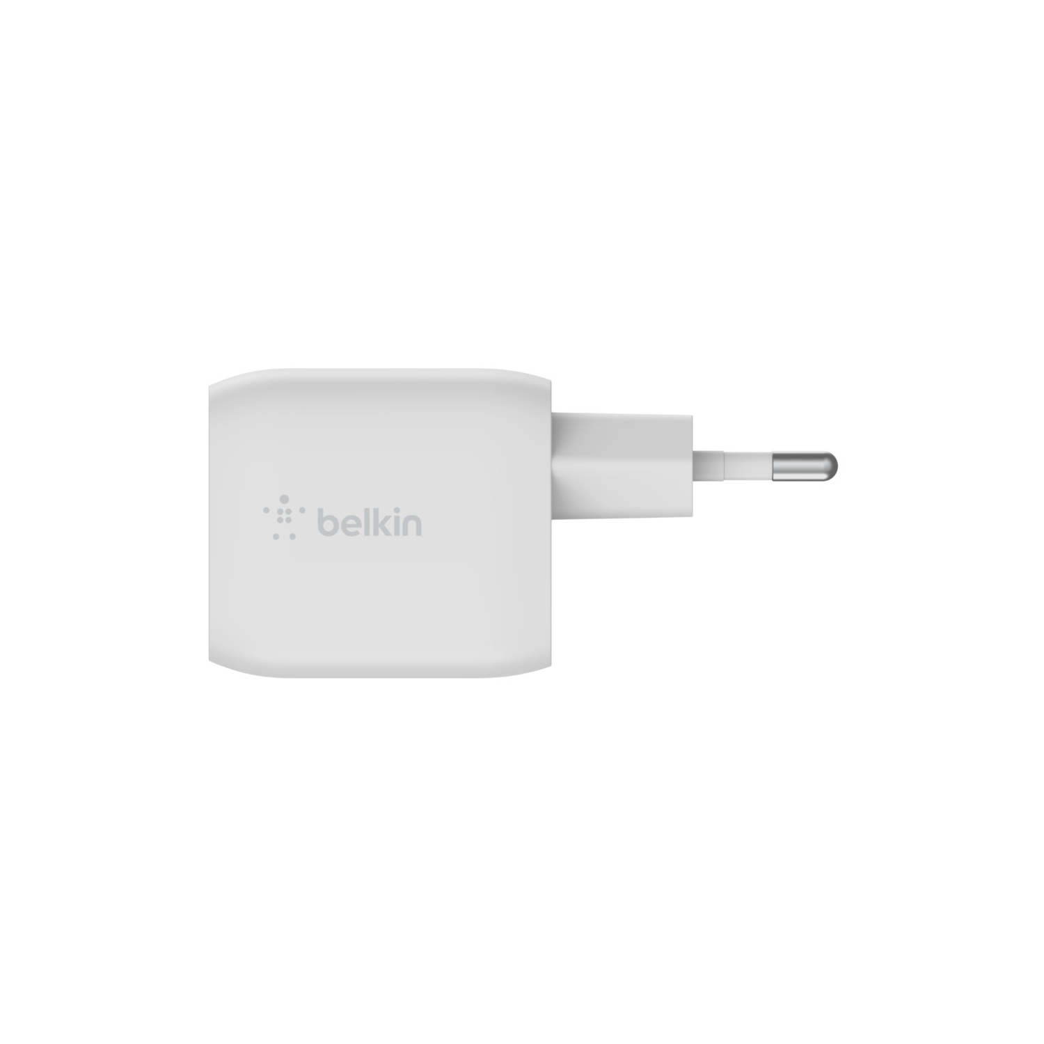 White Belkin charger with a plug. Top view, isolated on a white background.