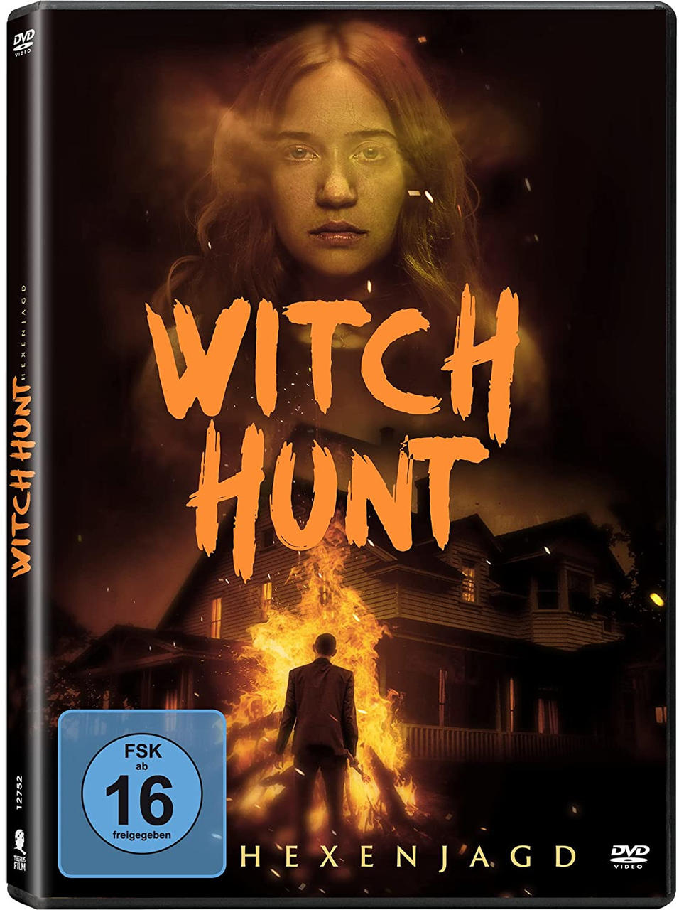 DVD-Cover für Witch Hunt, dunkel mit dem Gesicht einer Frau und einem brennenden Haus im Hintergrund.