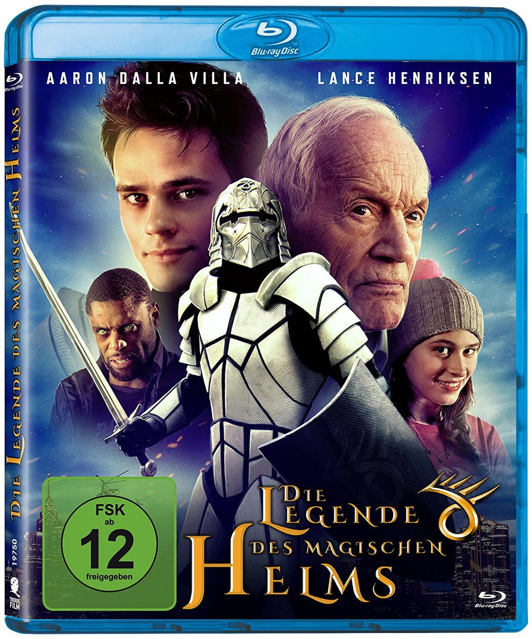 Filmcover für 'Die Legende des magischen Helms' mit mehreren Schauspielern und einem Ritter.