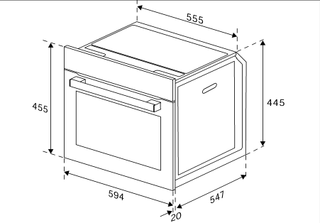 Dibujo lineal de horno con dimensiones marcadas en milímetros.