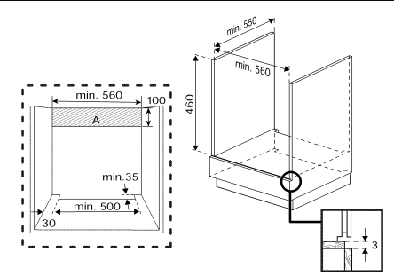 Diagrama de un recorte de gabinete con dimensiones en mm.
