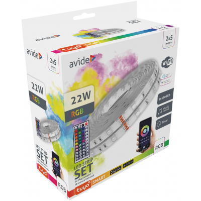 LED szalagfények doboza távirányítóval és egy telefon, amelyen az alkalmazás látható.