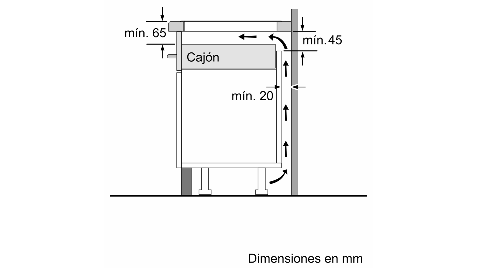 Diagrama de un cajón con dimensiones en milímetros. Flechas y números muestran medidas.