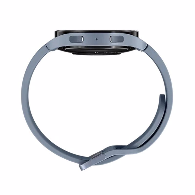 Gri bir kayış takılı mavi bir Samsung Galaxy Watch'ın üstten görünümü.