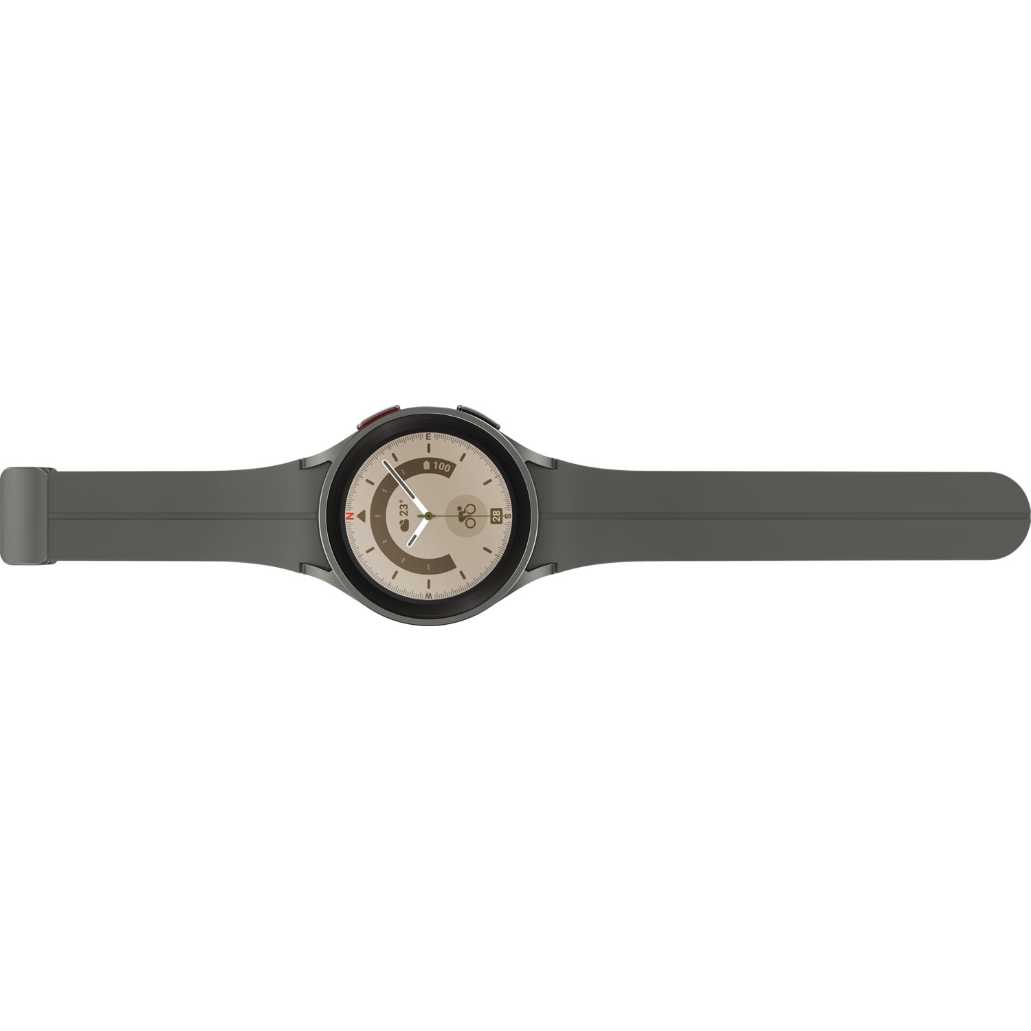 Gri Samsung Galaxy Watch. Verilerle dairesel ekran. Siyah arka plan.