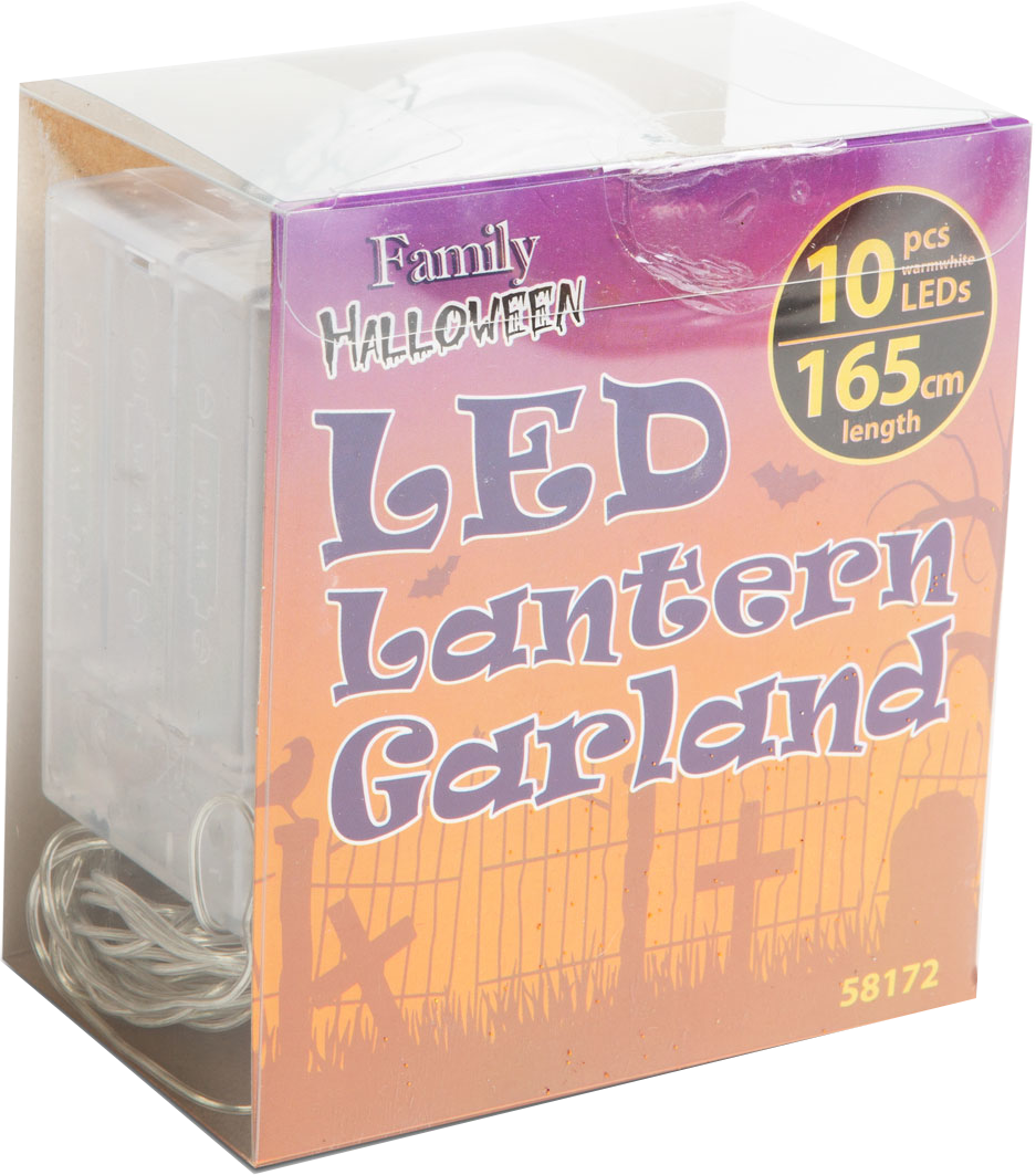 LED lámpás girland doboza Halloweenre, temető illusztrációval a hátoldalon.