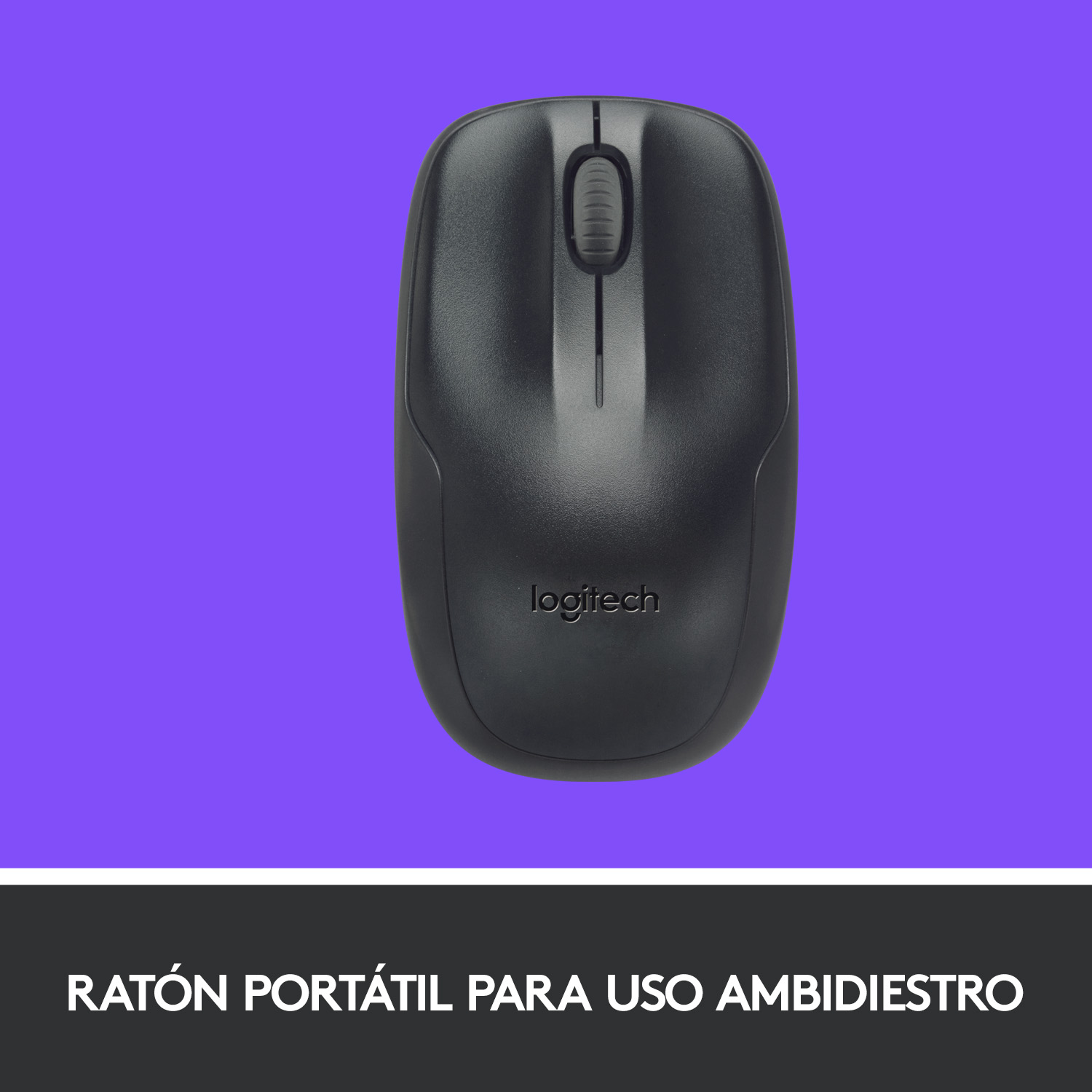 Ratón Logitech negro sobre fondo morado. El ratón está inclinado hacia el espectador.