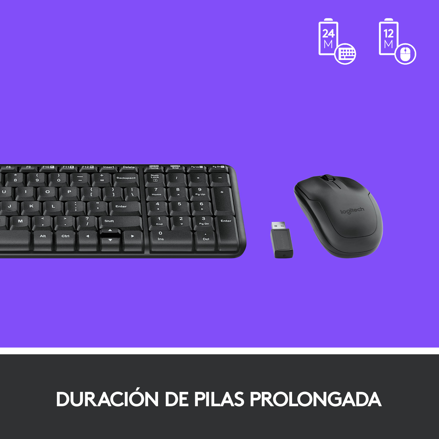 Teclado, ratón y receptor USB negros sobre fondo morado. Iconos muestran duración de la batería.