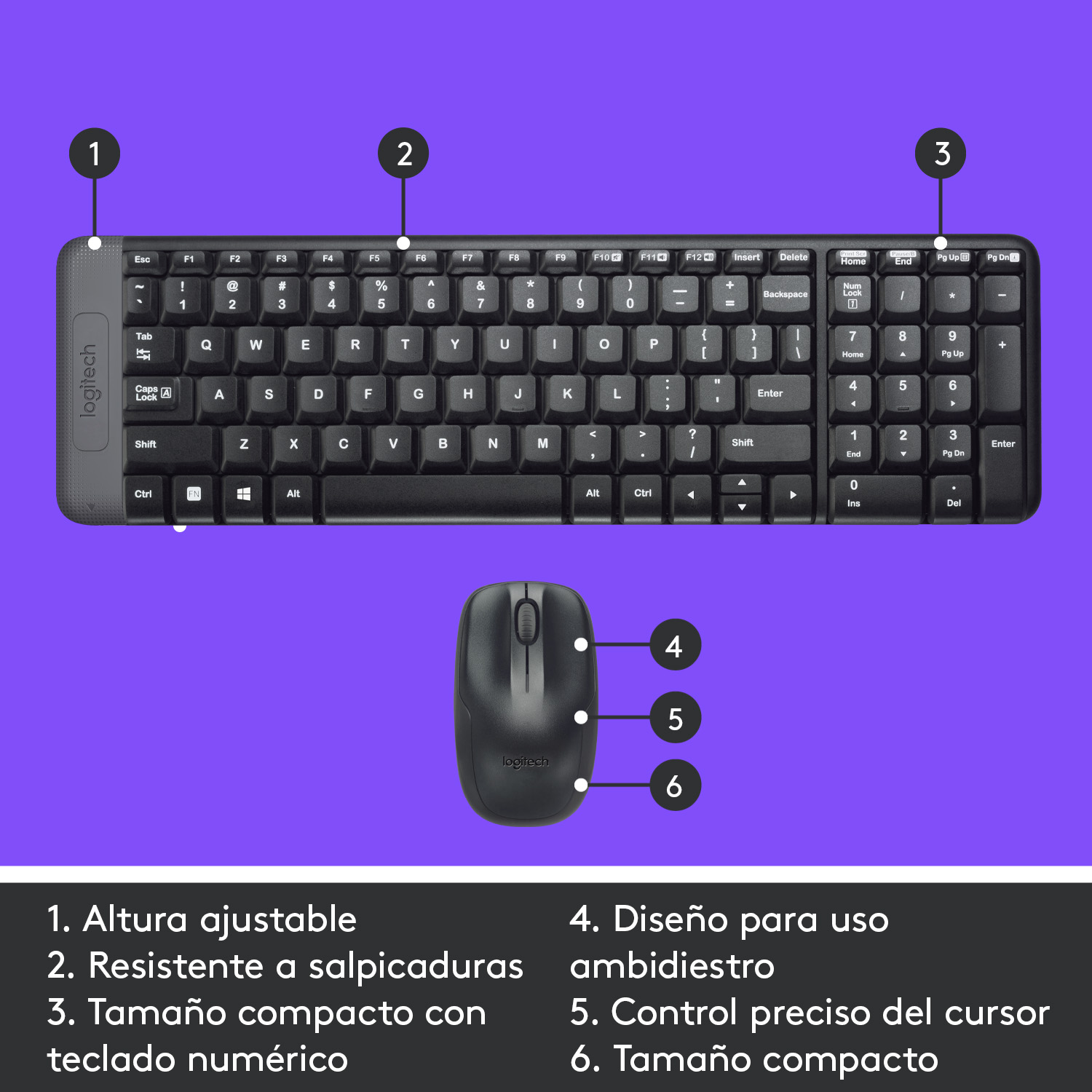 Un teclado y ratón Logitech con funciones numeradas.