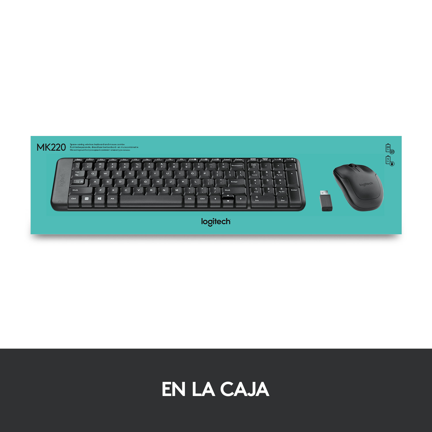 Un conjunto de teclado y ratón Logitech en una caja, marca y modelo son visibles.