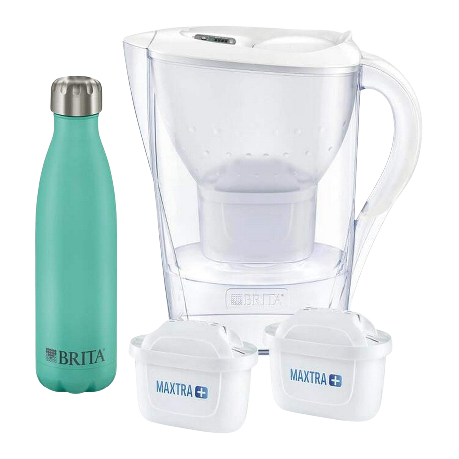 Jarra filtrante - Brita Marella, 2 filtros MAXTRA+, Termo 500ml, 2.4 L, Blanco